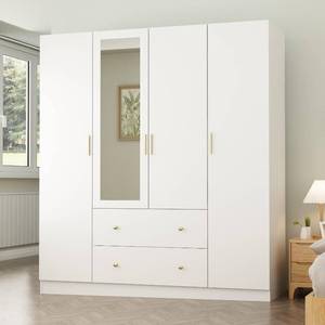 lot 15 image: FUFU&GAGA White 4-Door Armoires with Mirror, 2 Hanging Rods, 2-Drawers and Storage Shelves (19.7 in. D x 63 in. W x 70.9 in. H) Retail $476.62