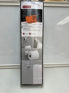 lot 171 image: New Delta Portwood Collection 4 Piece Bathroom Accesories Set Including Towel Bar, Towel Ring, Toilet Paper Holder, And Towel Hook - Chrome