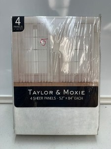lot 153 image: New 4 Pack of Taylor & Moxie 52 x 84 Sheer Curtain Panels