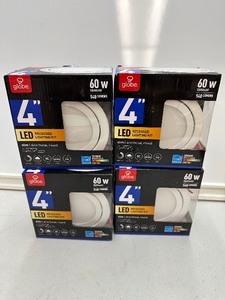 lot 145 image: 4 New Globe Electric 4 Ultra Slim Swivel LED Integrated Recessed Lighting Kit, 9 Watts, Energy Star, IC Rated, Dimmable, Wet Rated, White Finish, 4.25 Hole Size,91071, 540 Lumen