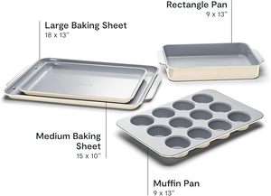 lot 26 image: Meet Caraway Nonstick Ceramic Bakeware Set (5 Pieces) - Baking Sheets, Assorted Baking Pans & Storage - Aluminized Steel Body - Non Toxic, PTFE & PFOA Free - Cream retail $245.00
