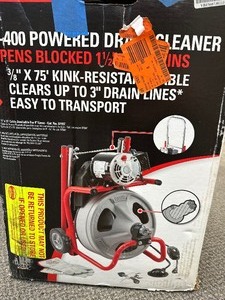 lot 12 image: Rigid K-400 Drain Cleaning Snake Auger 120-Volt Drum Machine with C-32IW 38 in. x 75 ft. Cable  4-Piece Tool Set & Gloves - Retail $597