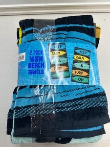 lot 198 image: New 2 Pack of Loft Q Youth Beach Towels - Keep Calm & Surf On