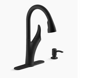 lot 56 image: New Kohler Touchless pull-down kitchen faucet with soap  lotion dispenser K-REC32323-SD-BL - Matte Black - Retail $369.99