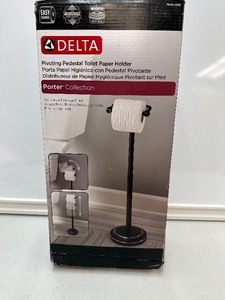 lot 135 image: New Delta Porter Collection Pivoting Pedestal Toilet Paper Holder - Oil Rubbed Bronze