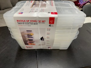 lot 196 image: 4 Pack of 12.9 Qt Buckle Up Storage Small Storage Bins - Damage to Lid Corners - See Pictures