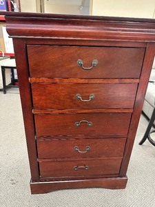 lot 43 image: Acme Louis Phillipe III 5-Drawer Chest Dresser in Cherry 19526 -Shipping Damaged to top corner  Bottom - Ok Works - See Pictures