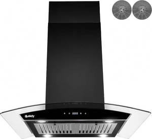 lot 48 image: AKDY 30 in. 343 CFM Convertible Kitchen Island Mount Range Hood in Black Painted Stainless Steel with Tempered Glass - Minor Shipping Damage Retail $397.20