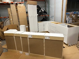 lot 1 image: Whole Kitchen Of New Hampton Bay Designer Series Melvern Assembled Kitchen Cabinets - 5 Base  1 Pantry  7 Wall  1 Fridge End - Retail $4387