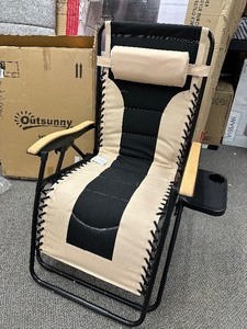 lot 72 image: OutSunny Black Zero Gravity Metal Outdoor Lounge Chair Recliner with WhiteBrown Sling Cushions and a Folding Design