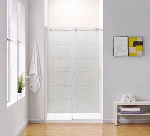 lot 27 image: OVE Decors Kelsey Tempered Glass Shower Door Brushed Nickel 48 x 76 #1310292 Retail $659.99