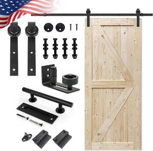 lot 71 image: S&Z TOPHAND 36 in. x 84 in. Unfinished British Brace Knotty Barn Door with 6.6FT Sliding Door Hardware KitSolid WoodSliding DoorDouble SurfacesA Simple Assembly is Required (36, DoorJ Shape)