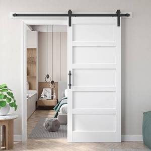 lot 222 image: Fredbeck 36x84 inch White Barn Door with 6.6FT Sliding Door Hardware Kit Included & Handle,Solid,MDF,PVC Surface,DIY Assembly,5-Panel,Fit 33in-34in Opening