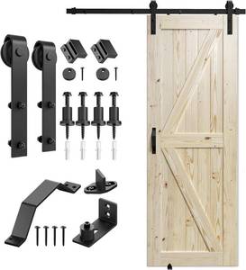 lot 226 image: SMARTSTANDARD 30in x 80in Sliding Barn Door with 5ft Barn Door Hardware Kit & Handle, Pre-Drilled Ready to Assemble, DIY Unfinished Solid Spruce Wood Panelled Slab, K-Frame Natural