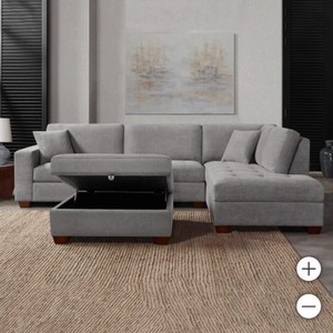 lot 37 image: Thomasville Miles Fabric Sectional with Storage Ottoman Retail $1899.99