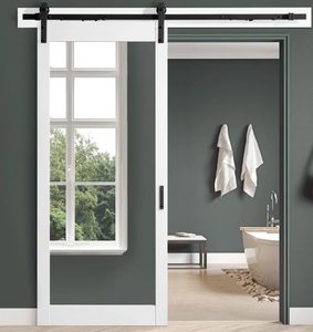 lot 225 image: OVE Decors Brittnay Mirrored Barn Door - Textured White Retail $499.99 - Broken Mirror - Has Track  Hardware