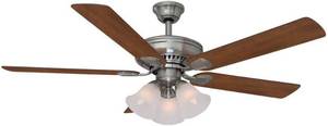 lot 227 image: Hampton Bay Campbell 52 in. Indoor LED Brushed Nickel Ceiling Fan with Light Kit, Downrod, Reversible Blades and Remote