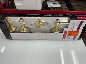 lot 336 image: Delta Greenwhich Collection Gold 3 Piece Bathroom Hardware Kit - Towel Bar, Towel Ring, Toilet Paper Holder