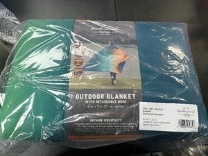 lot 370 image: New Weatherproof Vintage 54 x 72 Wearable Outdoor Blanket with Detachable Hood - Orange Navy Gradient