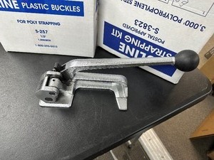 lot 382 image: Uline 38 to 34 Industrial Steel Strapping Tensioner Tool Model H-242 & Polypropylene Strapping & Plastic Knuckles