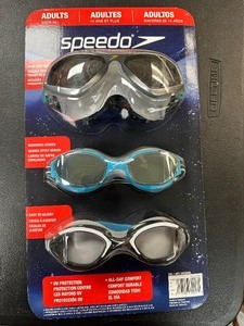 lot 393 image: New 3 Pack Swimming Goggles by Speedo, Adult Ages 14, Anti-Fog  Mirrored Lenses  UV Protect