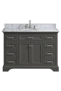 lot 11 image: Home Decorators Collection Windlowe 49 in. W x 22 in. D x 35 in. H Bath Vanity in Gray with Carrara Marble Vanity Top in White with White Sink Backsplash Included Retail $1579