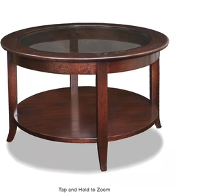 lot 133 image: 30 in. Chocolate Oak Round Glass Top Coffee Table with Shelf