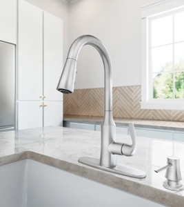 lot 76 image: New Moen Cadia Pulldown Kitchen Faucet - With Soap Dispenser - Stainless Steel