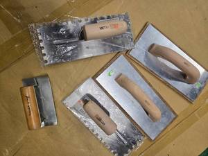 lot 12 image: Lot of 5 Pride Work Plastering Trowels (New, Various Sizes)