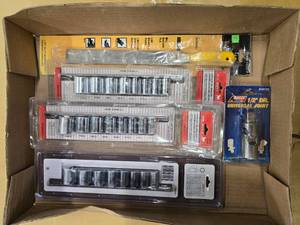 lot 37 image: Lot of 3 Pit Bull 9pcs 38 Dr. Shallow Chrome Socket sets (Metric) Plus a filer, and a Universal Joint ( See Pictures)