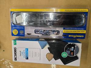lot 74 image: Good Year 17 Wide Angle Rearview Mirror & Set of 2 Ideaworks Car Pockets (New and in packs)
