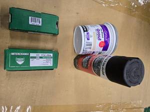 lot 84 image: Lot of 4 items( Two  1-316 x 18 Galvanized Medium Head Brads Wire, 1 Sample Grout pre-mixed, 1 Rust-oleum Auto Stripper Fast Removing Liquid