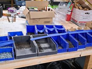 Lot of (16 Bins) Assorted Hardware - Washer Head Screws, Drywall Screws, Assorted Long Screws