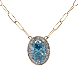 lot 4 image: 3.20 Carat Oval Fancy Blue Diamond Halo Pendant Paperclip Necklace in 14k Yellow Gold