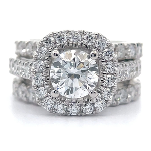 lot 10 image: 4 Carat Diamond Halo Matching 3-Piece Bridal Ring Set in 18k White Gold VIDEO