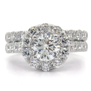 lot 14 image: 3 Carat Diamond Round PavHalo 2-Piece Bridal Ring Set in 18k White Gold VIDEO