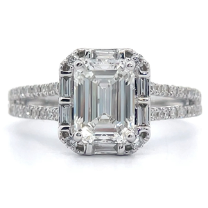 lot 16 image: 2.50 Carat Diamond Emerald Cut & Baguette Halo PavSplit Shank Ring in 14k White Gold VIDEO