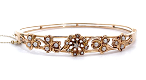 lot 26 image: Diamond & Mini Pearl Flower Garden Trellis Bangle Bracelet in 14k Yellow Gold