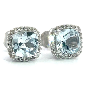 lot 35 image: Aquamarine & PavDiamond Cushion Halo Stud Earrings in White Gold VIDEO