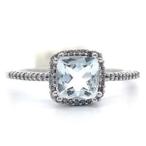 lot 37 image: NEW Aquamarine & PavDiamond Halo Cathedral Ring VIDEO