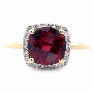 lot 38 image: Checkerboard Garnet & PavDiamond Cushion Halo Cathedral Ring in Yellow Gold VIDEO