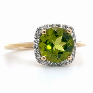 lot 39 image: Peridot & PavDiamond Halo Cathedral Ring in Yellow Gold VIDEO