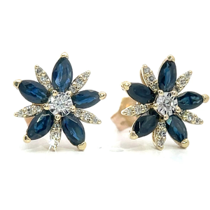 lot 41 image: Blue Sapphire & Diamond Snowflake Flower Cluster Stud Earrings in Two-Tone Gold VIDEO