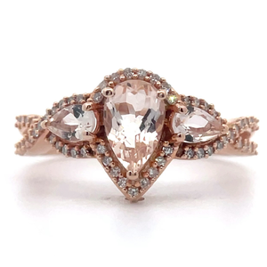 lot 60 image: Pear Morganite Three-Stone & PavDiamond Infinity Symbol Ring in Rose Gold VIDEO