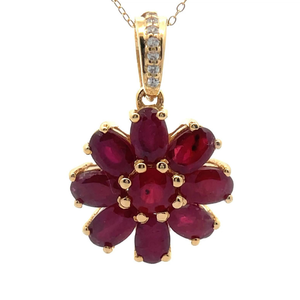 lot 63 image: Natural Ruby Cluster Flower & Diamond Pendant Necklace