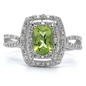 lot 66 image: Peridot & PavWhite Zircon Double Halo Split Shank Ring VIDEO