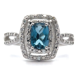 lot 69 image: Swiss Blue Topaz & PavWhite Zircon Double Halo Split Shank Ring VIDEO