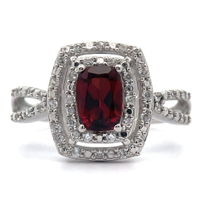lot 78 image: Garnet & PavWhite Zircon Double Halo Split Shank Ring VIDEO