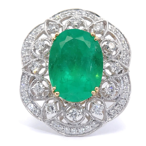 lot 0C image: 7.69 Carat Colombian Emerald & Natural Diamond Cluster Ring in 18k Two-Tone Gold w GIA Report $39,270 Appraisal Included VIDEO