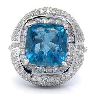 lot 26B image: 9.53 Carat Aquamarine & Natural Diamond Halo Cluster Dome Ring in 14k White Gold $26,940 Appraisal Included VIDEO